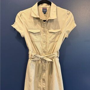 Girl’s French Toast Beige Button-Front Midi Dress with Tie Waist Safari Dress